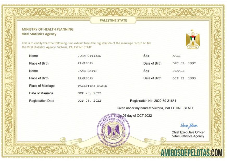 Certidão de Casamento do Estado da Palestina modelo